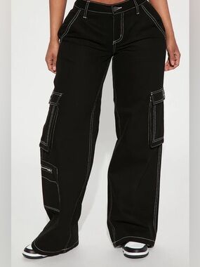 Black Wide Leg Cargo Pants with Contrast Stitching